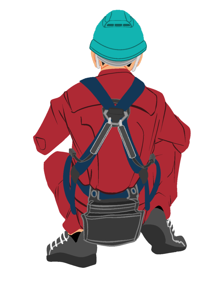 しゃがむ作業員背面1(赤)ハーネス・ヘルメット付