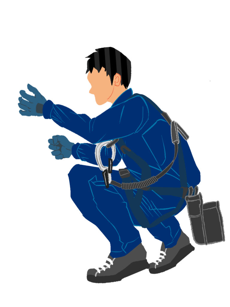 しゃがむ作業員1横(青)ハーネス付き