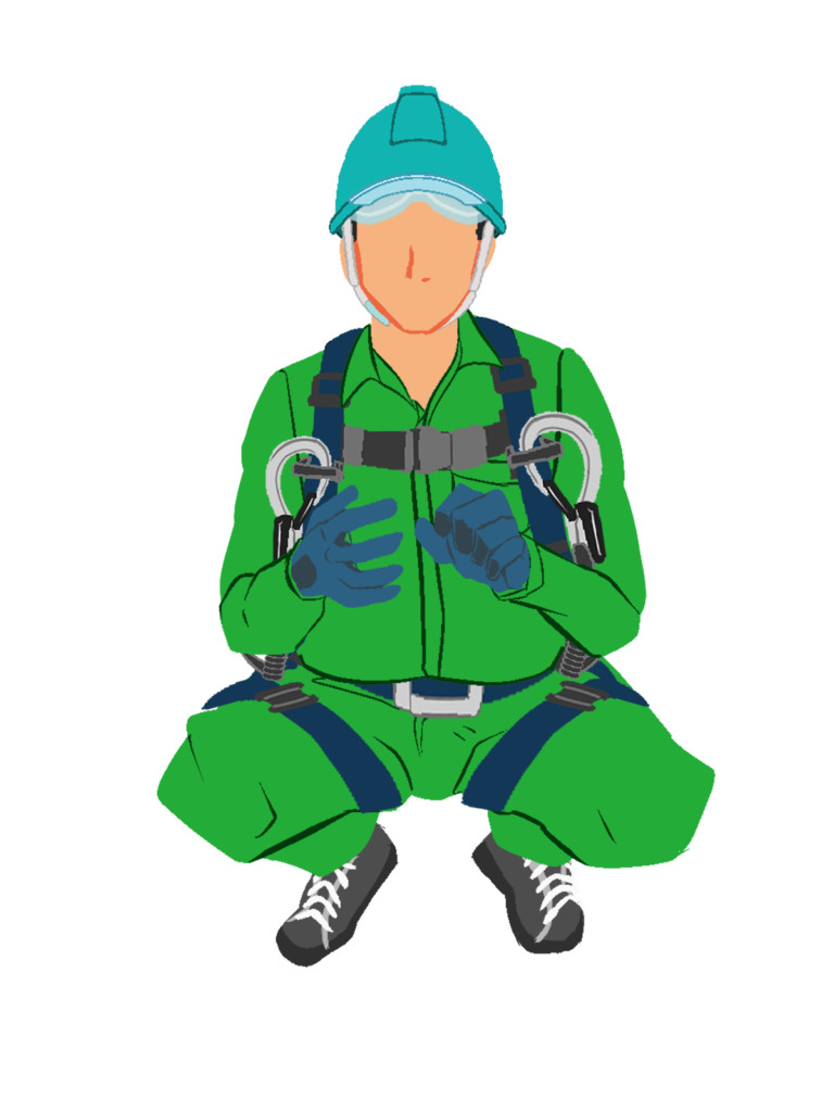 しゃがむ作業員1正面(緑)ハーネス・ヘルメット付