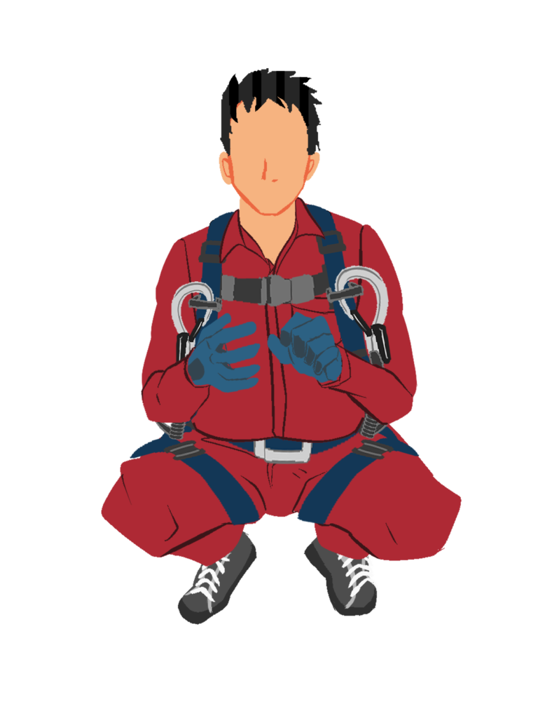 しゃがむ作業員1正面(赤)ハーネス付き