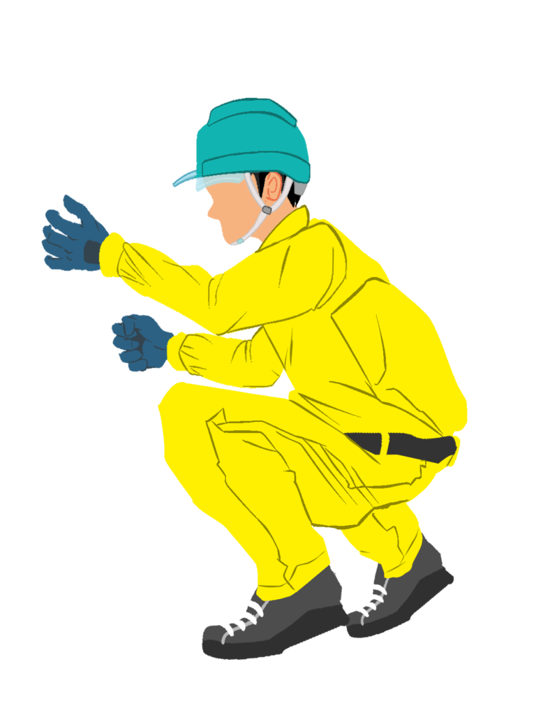 しゃがむ作業員1横(黄)ヘルメット着