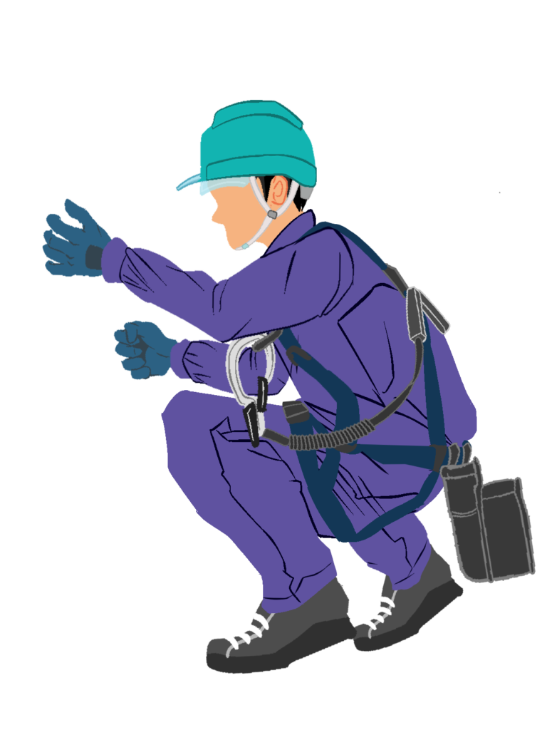 しゃがむ作業員1横(紫)ハーネス・ヘルメット付