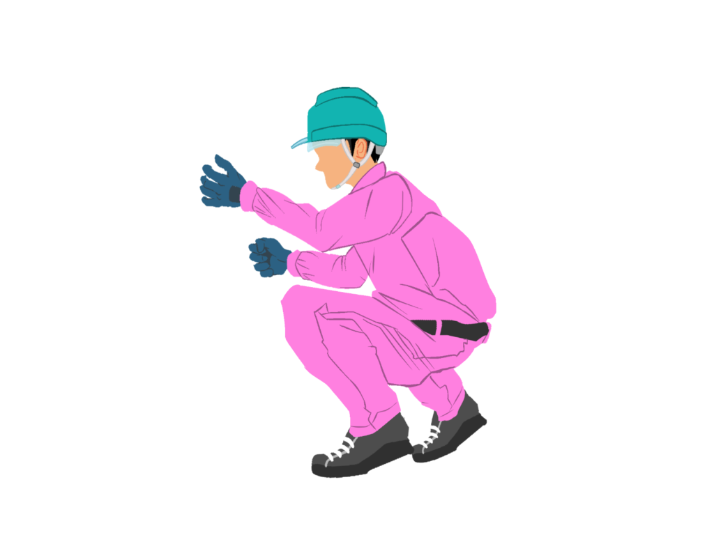 しゃがむ作業員1横(桃)ヘルメット着