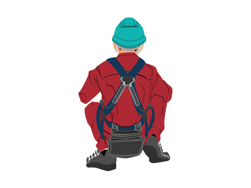 しゃがむ作業員背面1(赤)ハーネス・ヘルメット付0