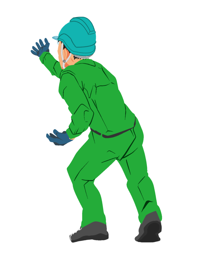 物を押し上げる作業員1(緑)ヘルメット着