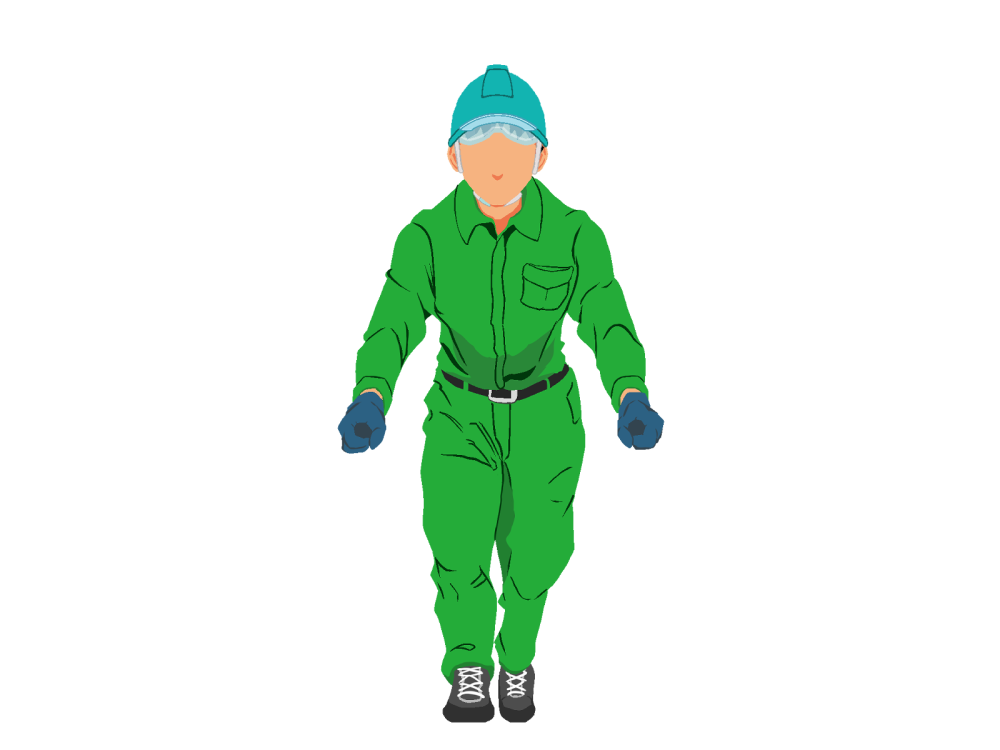 ネコ台車を押す作業員1(緑)正面ヘルメット着