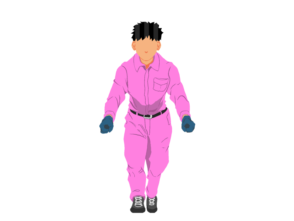 ネコ台車を押す作業員1(桃)正面