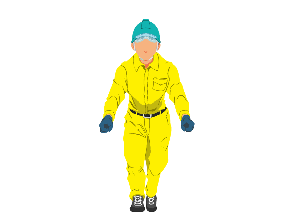 ネコ台車を押す作業員1(黄)正面ヘルメット着