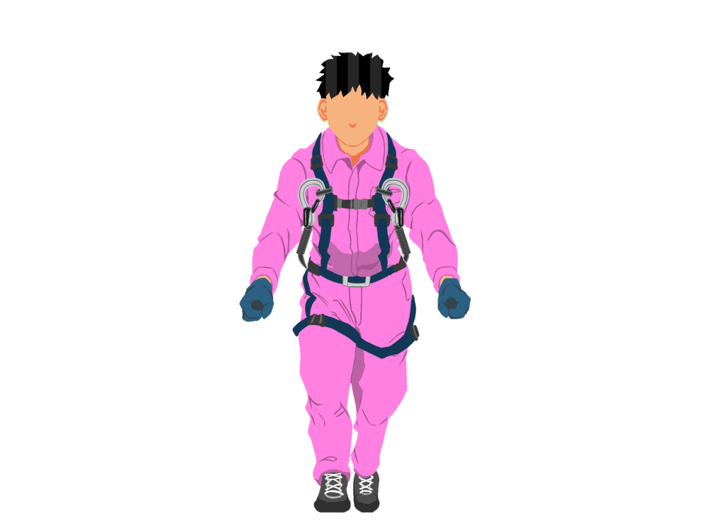 ネコ台車を押す作業員1(桃)正面ハーネス付き