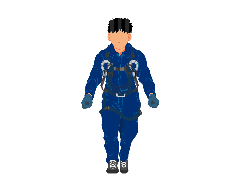 ネコ台車を押す作業員1(青)正面ハーネス付き