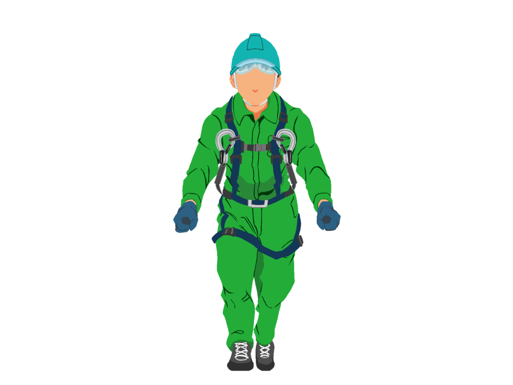 ネコ台車を押す作業員1(緑)正面ハーネス・ヘルメット付