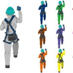 梯子登る後ろ姿作業員1背面片フックのみハーネス・ヘルメット付