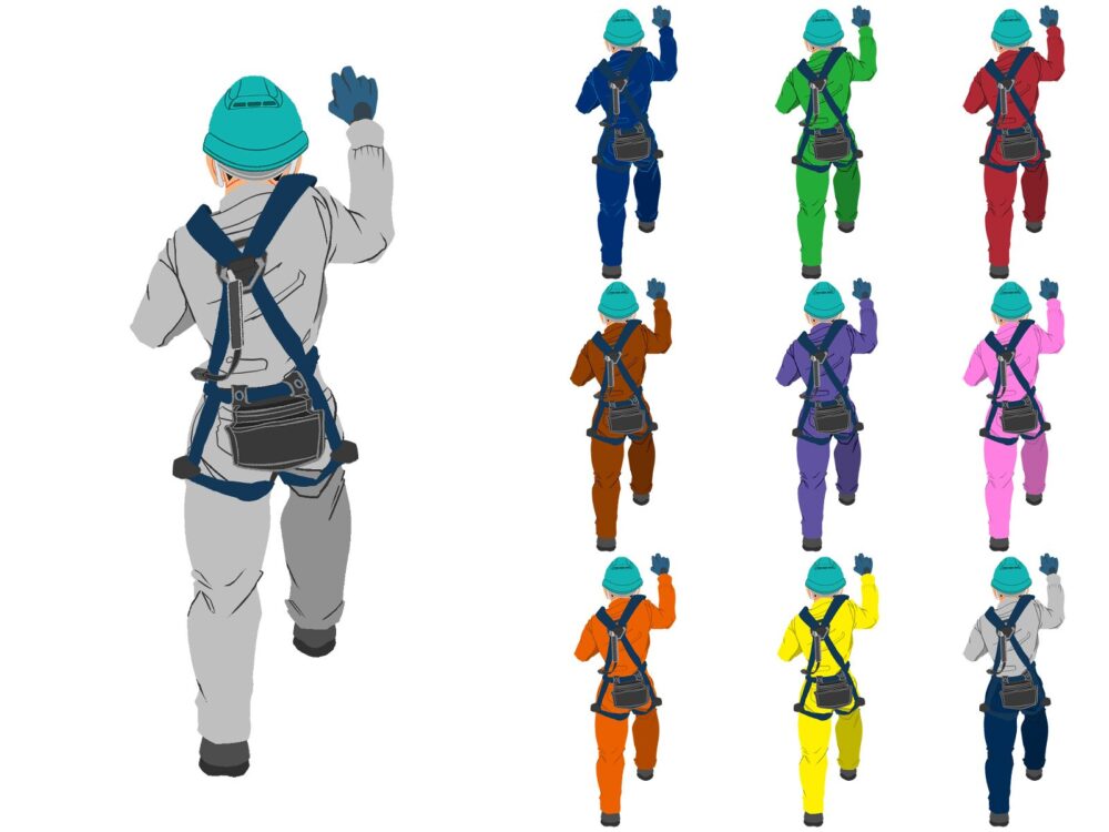 1592〜1601梯子登る後ろ姿作業員背面1片フックのみハーネス・ヘルメット付