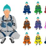 しゃがむ作業員1正面ハーネス・ヘルメット付