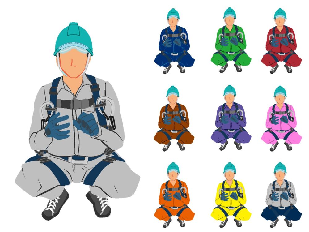 335〜344しゃがむ作業員1正面ハーネス・ヘルメット付