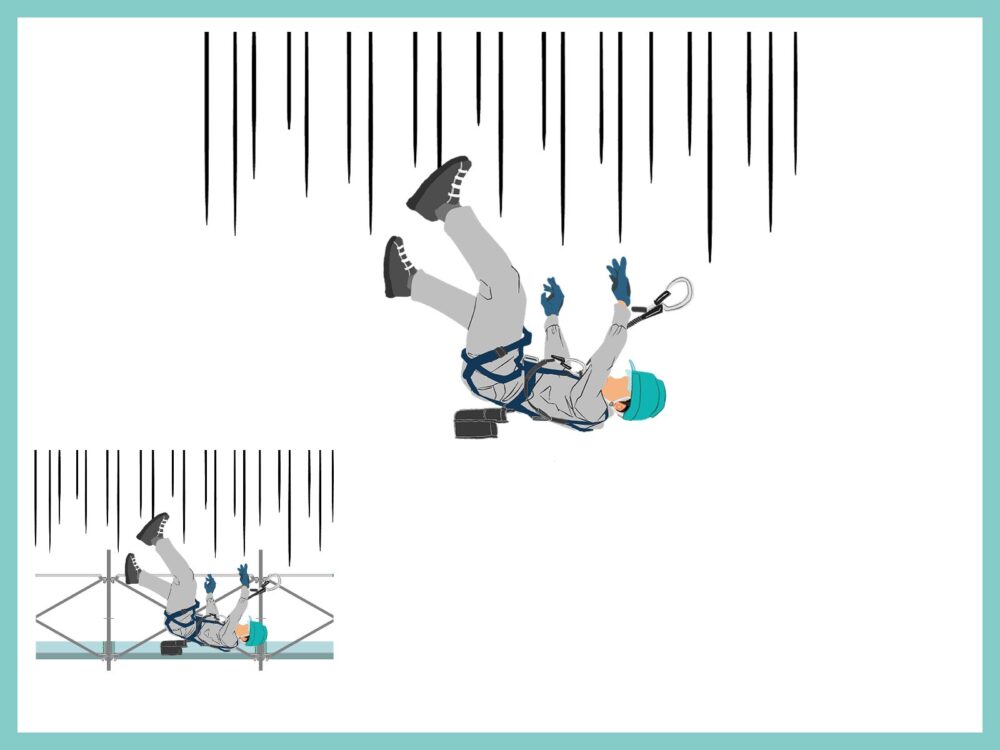 高所端部から落下中の作業員1